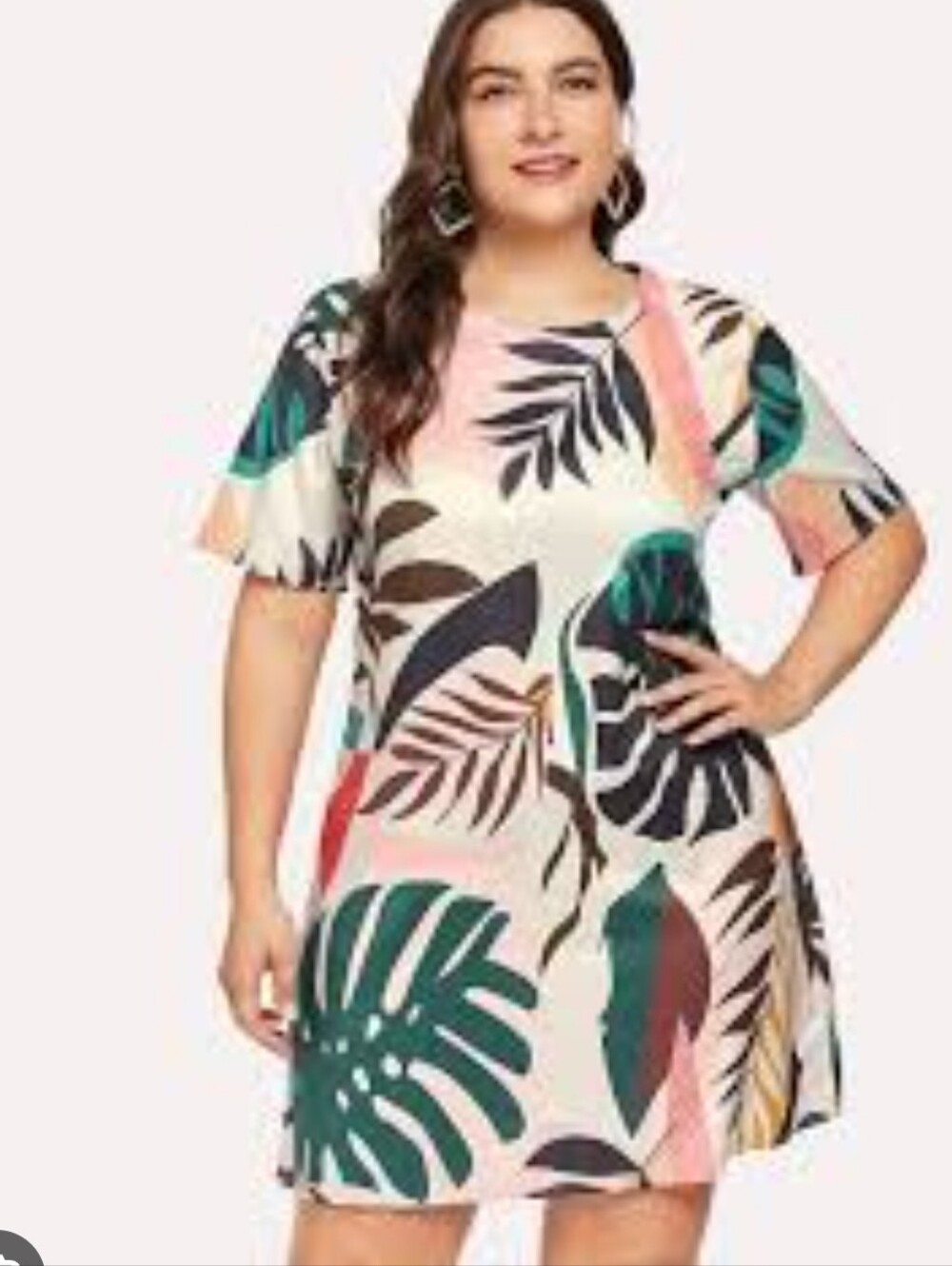 2/$20 3X Tropical Leaf Print Short Sleeve A-Line Dress - Cream Multi Plus Size